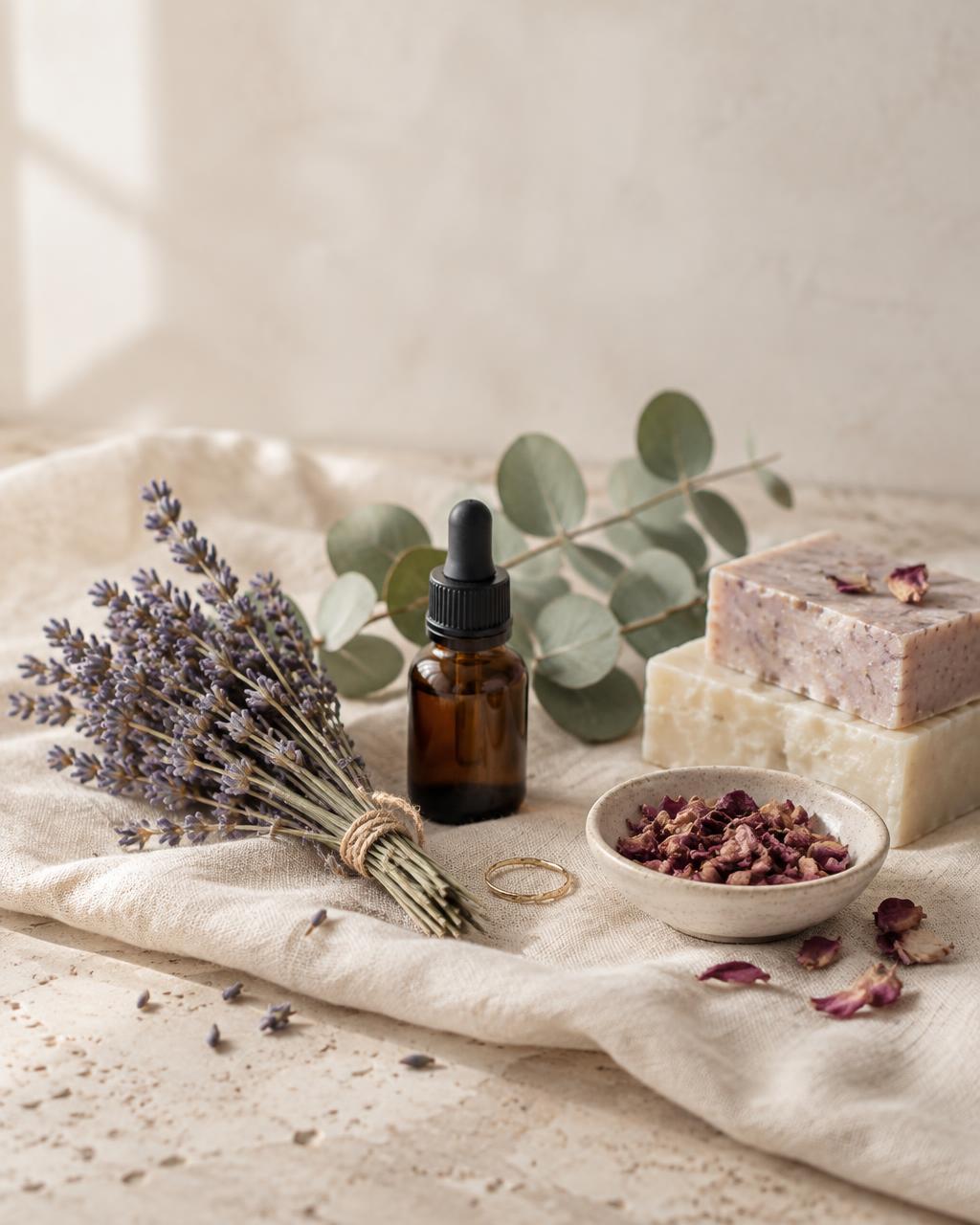 Frasco de aceite ámbar, lavanda seca, eucalipto y jabones artesanales sobre un pañuelo de lino